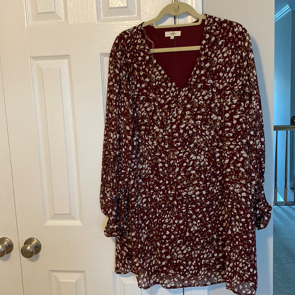 Burgundy Floral Long Sleeve Mini Dress Womenโs Medium Boho Fall Dress